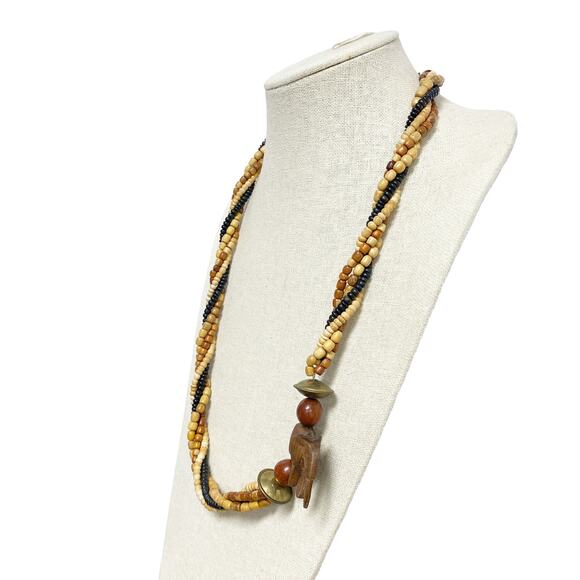 Vintage Wood Beaded Twisted Rope Carved Elephant Statement Necklace - Picture 4 of 5